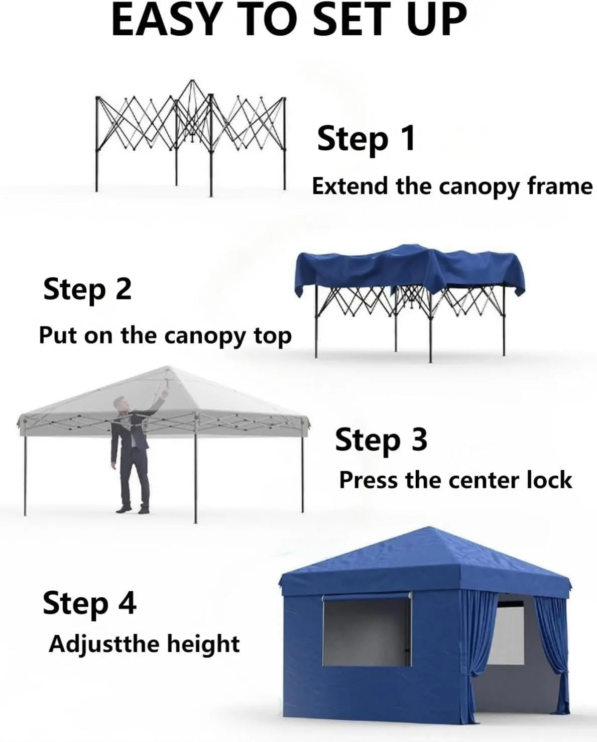 10X10 Pop Up Canopy with Removable Sidewalls and Windows, Adjustable Heights Canopy Tent with Wheeled Bag, 4 Sandbags, 4 Ropes & 8 Stakes, Instant Shelter for Events, Party, Camping, Garden (Blue)