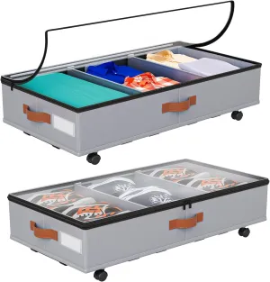 2 Pack Under Bed Storage with Wheels, UnderBed Storage Containers, Closet Organizer with Clear Lid and Handles, UnderBed Bins Drawers for Clothes, Shoes, Blankets, Toys, Books