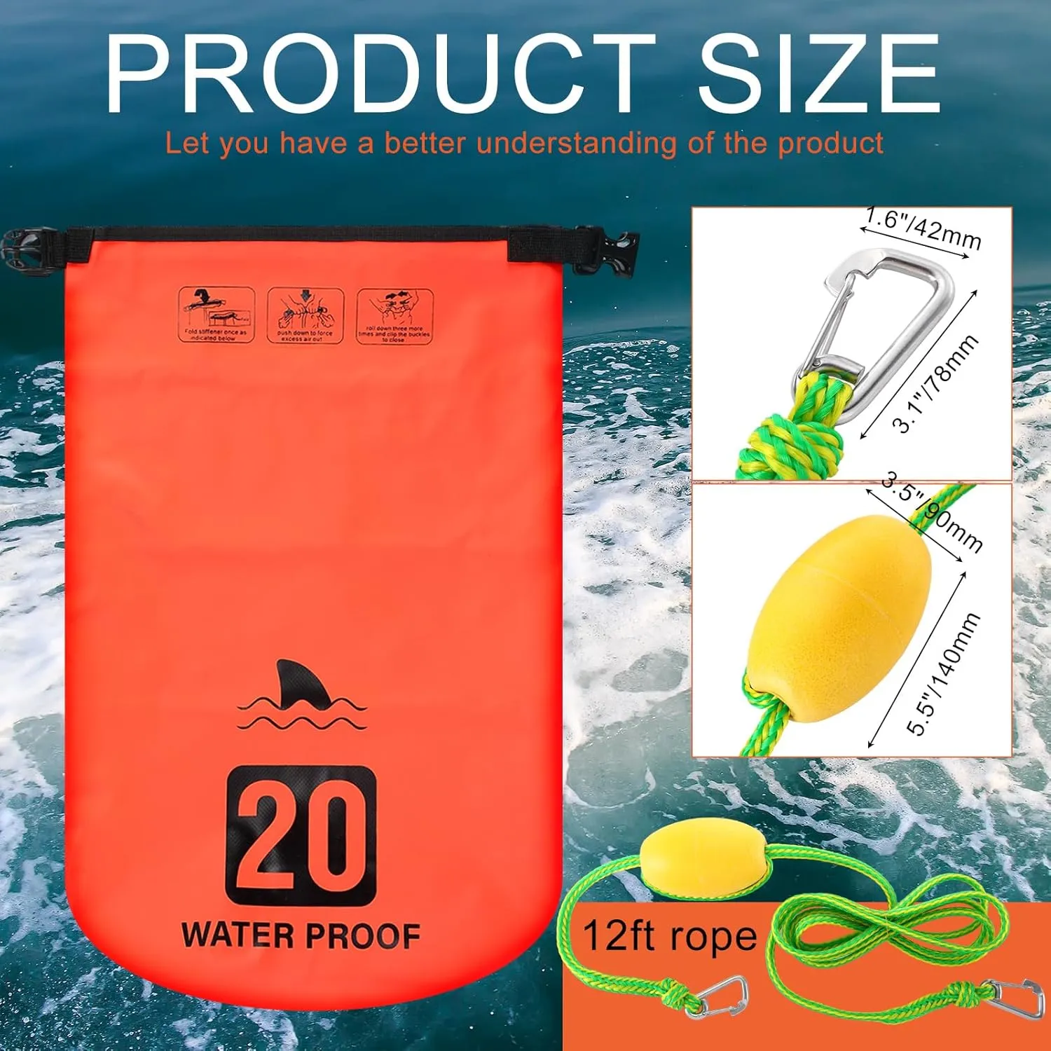 2 Set 20L Sand Anchor Heavy Duty Buoy Kit 2 in 1 Kayak Anchor Floating Waterproof Dry Bag with High Visibility Float Rope for Lake Beach Boat Hiking Camping Water Sports Surfing Kayaking(Orange)