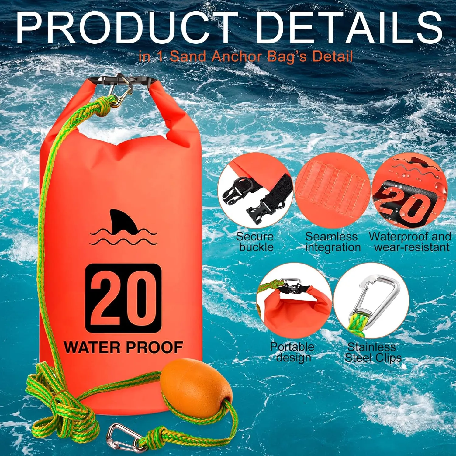 2 Set 20L Sand Anchor Heavy Duty Buoy Kit 2 in 1 Kayak Anchor Floating Waterproof Dry Bag with High Visibility Float Rope for Lake Beach Boat Hiking Camping Water Sports Surfing Kayaking(Orange)
