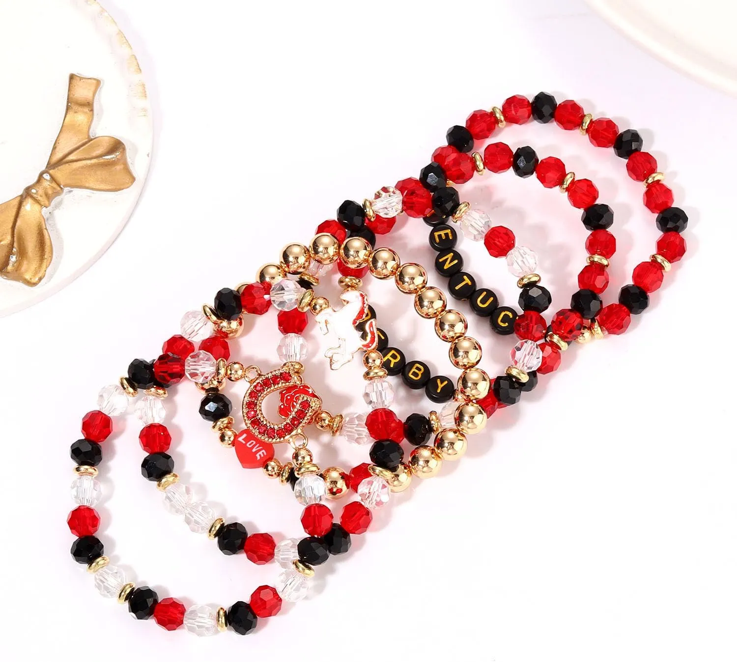 5 Pack Beaded Bracelet Stackable Christmas Thanksgiving St. Patrick’s Day Valentine's Day Beaded Stretch Bracelet Holiday Charm Bracelets Festive Jewelry Gifts for Women