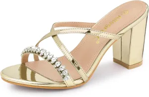 Allegra K Women's Crisscross Strap Rhinestone Block Heel Slide Sandals