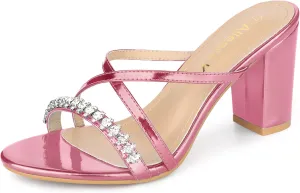 Allegra K Women's Crisscross Strap Rhinestone Block Heel Slide Sandals