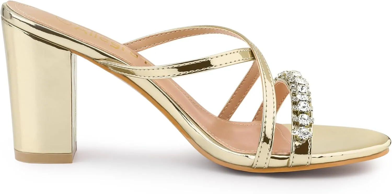 Allegra K Women's Crisscross Strap Rhinestone Block Heel Slide Sandals