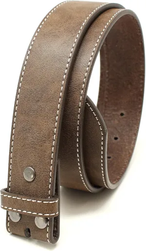 BC Belts Leather Belt Strap with Vintage Distressed Texture and White Stitching 1.5" Wide with Snaps