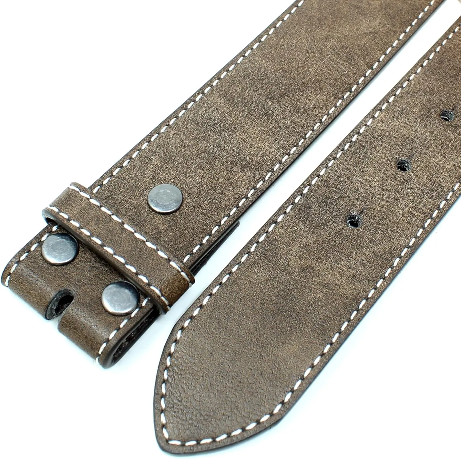 BC Belts Leather Belt Strap with Vintage Distressed Texture and White Stitching 1.5" Wide with Snaps