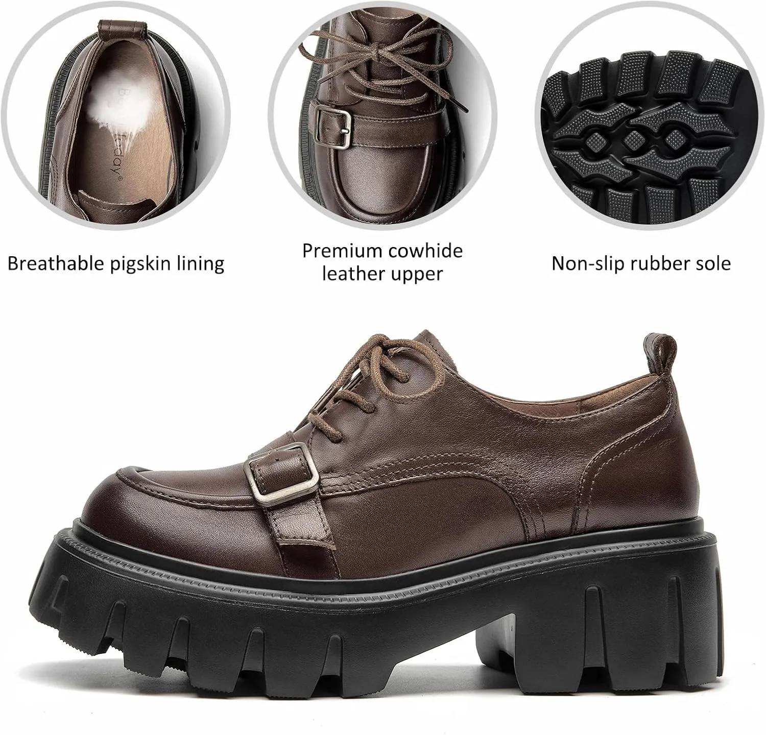 BEAU TODAY Platform Oxfords for Women, Oxford Shoes for Women, Chunky Leather Lace Up Oxford Shoes, Casual Comfort Business Work Office Dress Shoes