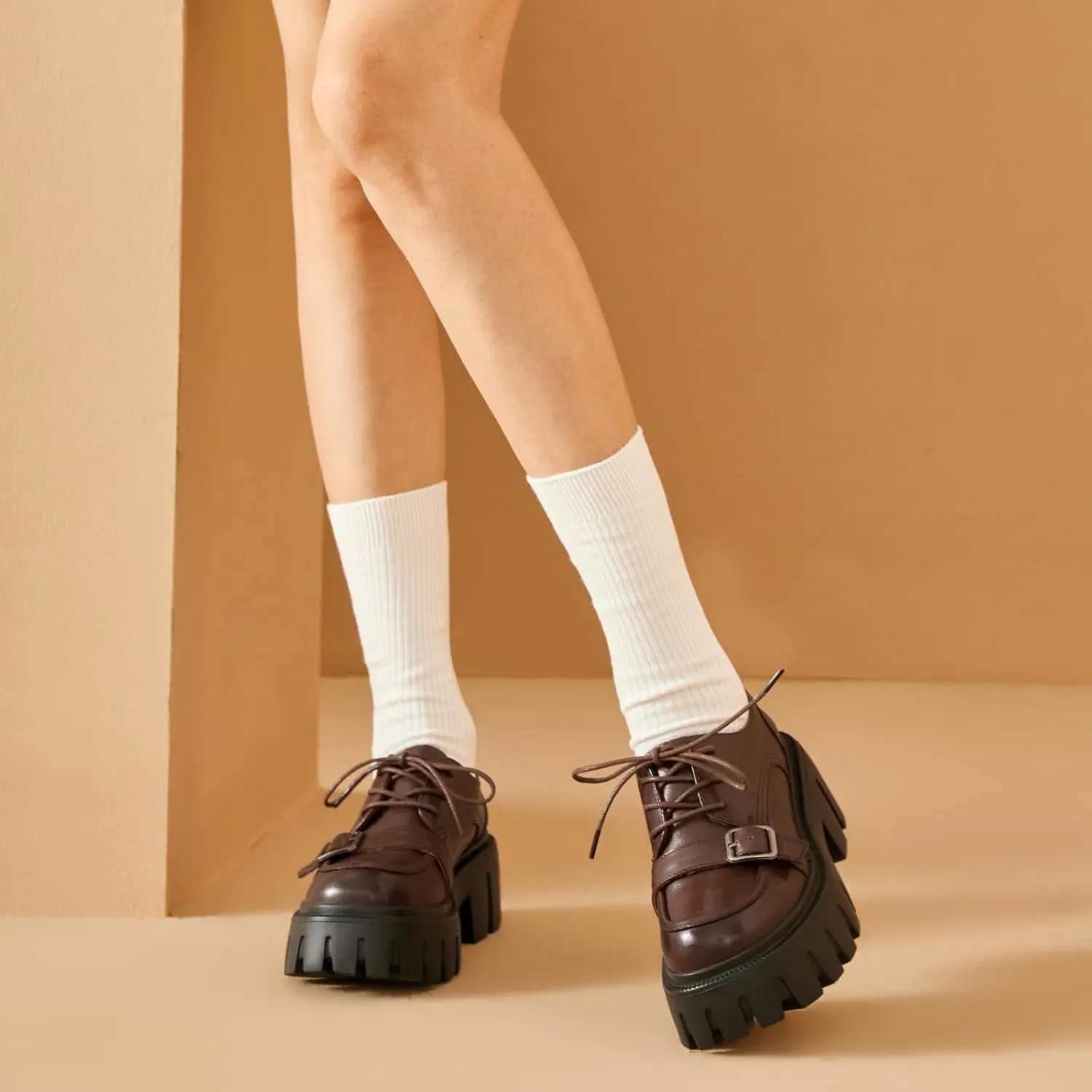 BEAU TODAY Platform Oxfords for Women, Oxford Shoes for Women, Chunky Leather Lace Up Oxford Shoes, Casual Comfort Business Work Office Dress Shoes