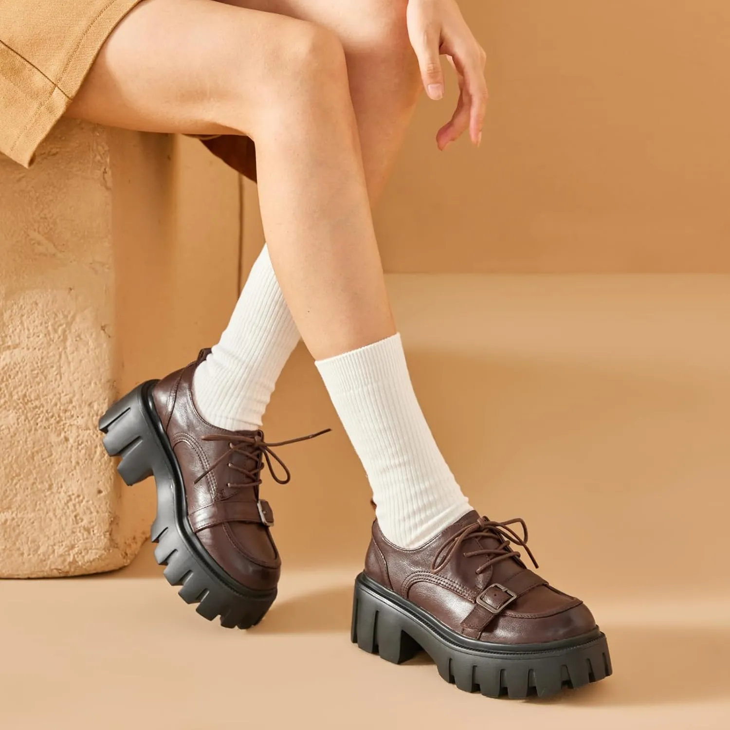 BEAU TODAY Platform Oxfords for Women, Oxford Shoes for Women, Chunky Leather Lace Up Oxford Shoes, Casual Comfort Business Work Office Dress Shoes