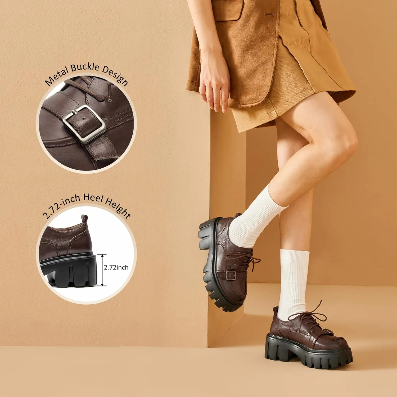 BEAU TODAY Platform Oxfords for Women, Oxford Shoes for Women, Chunky Leather Lace Up Oxford Shoes, Casual Comfort Business Work Office Dress Shoes