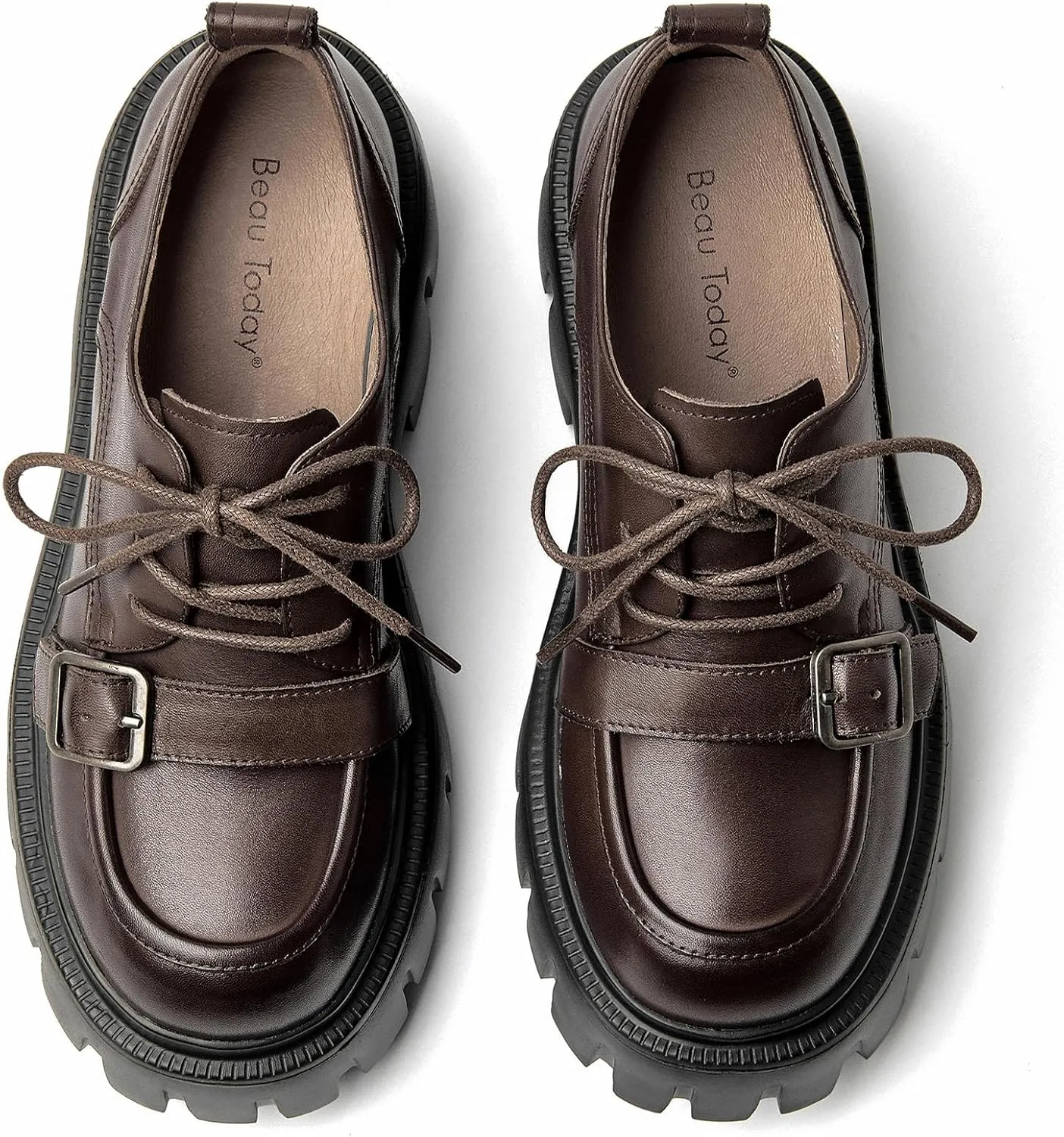 BEAU TODAY Platform Oxfords for Women, Oxford Shoes for Women, Chunky Leather Lace Up Oxford Shoes, Casual Comfort Business Work Office Dress Shoes
