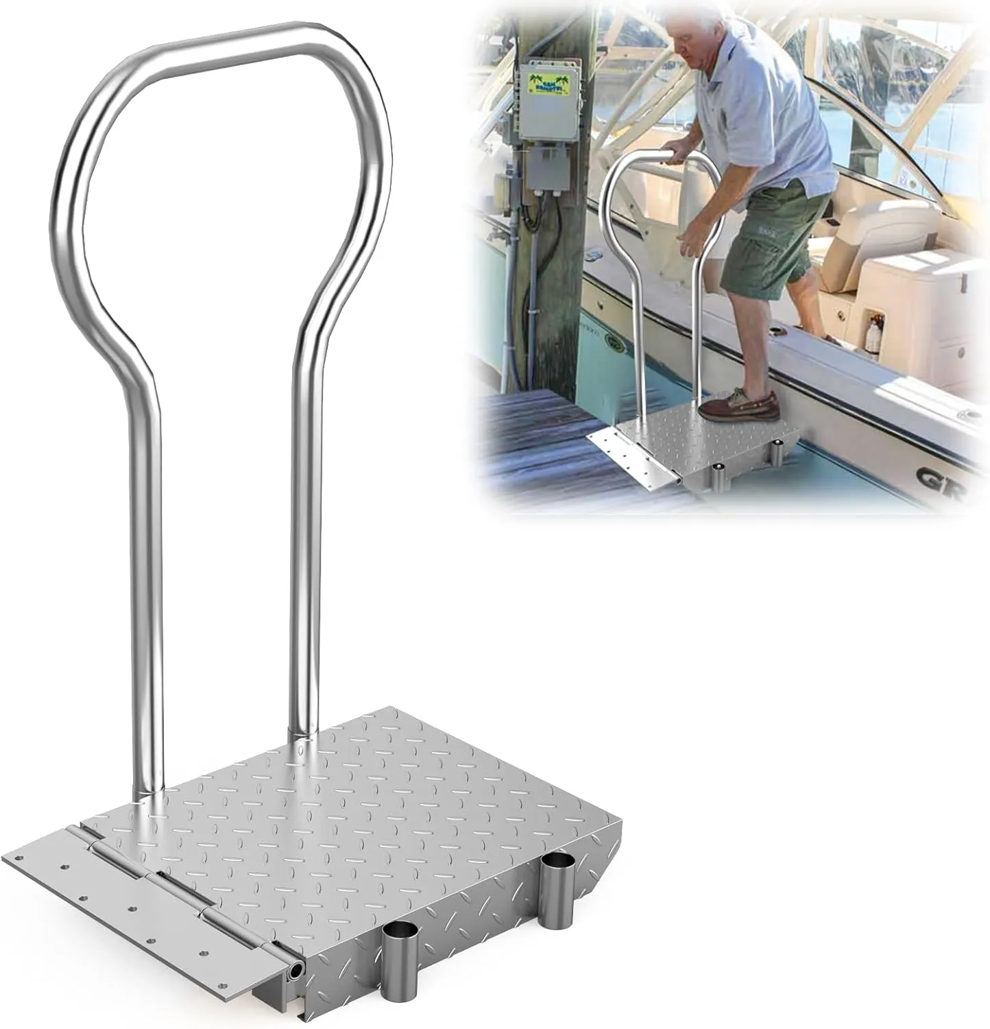 Boat Boarding Platform with Handrail, Foldable Dock Boarding Platform with Handle(500LBs Capacity,Silver)