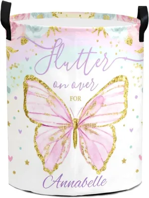 Butterfly Floral Pattern Personalized Waterproof Foldable Laundry Basket Bag with Handle, Custom Collapsible Clothes Hamper Storage Bin for Toys Laundry Dorm Travel Bathroom