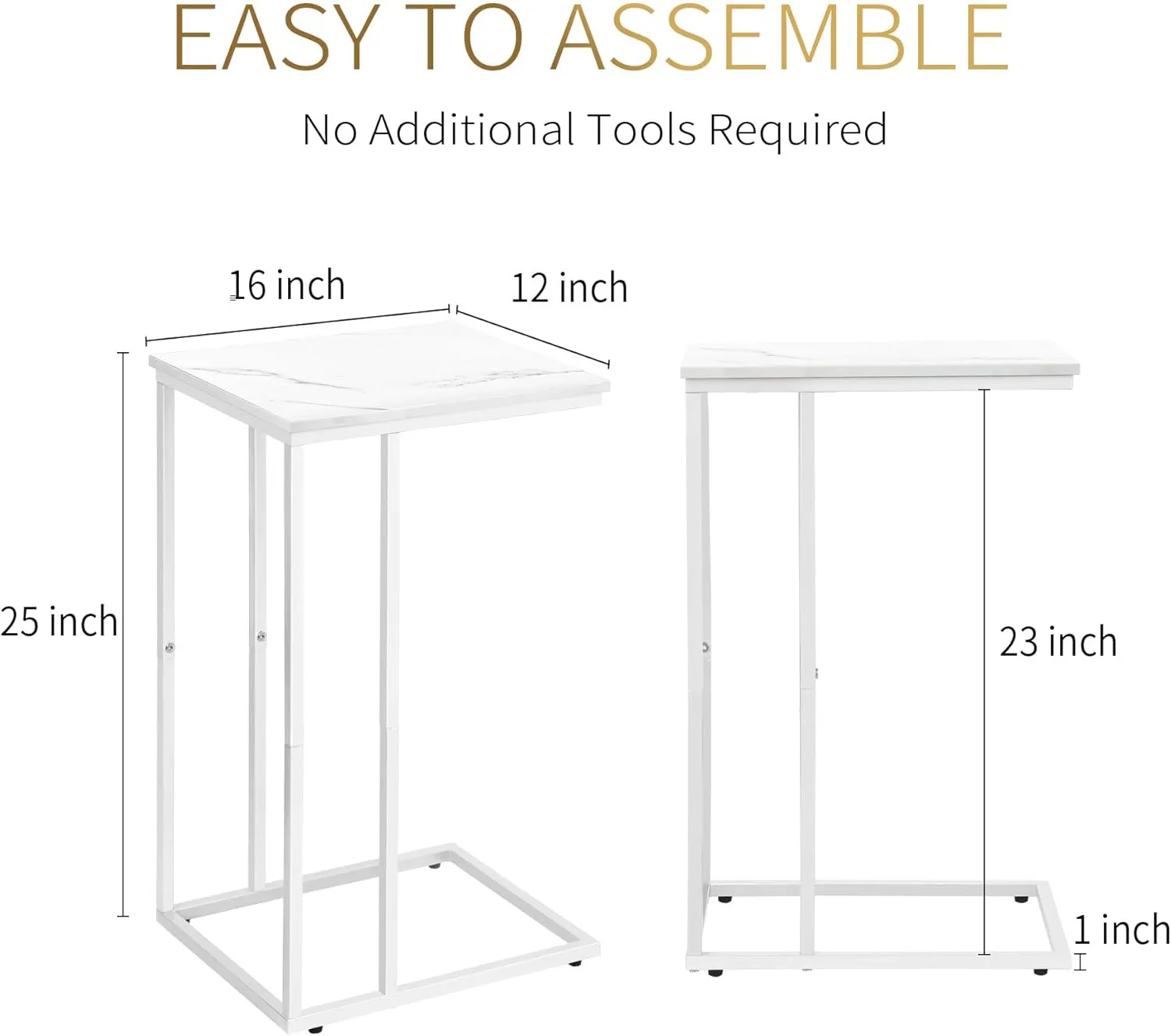 C Shaped End Table Set of 2 for Sofa and Bed, Slide Under Couch Tables, Side Table With Faux Marble Top, Small Under Table Tray for Living Room, Bedroom, White