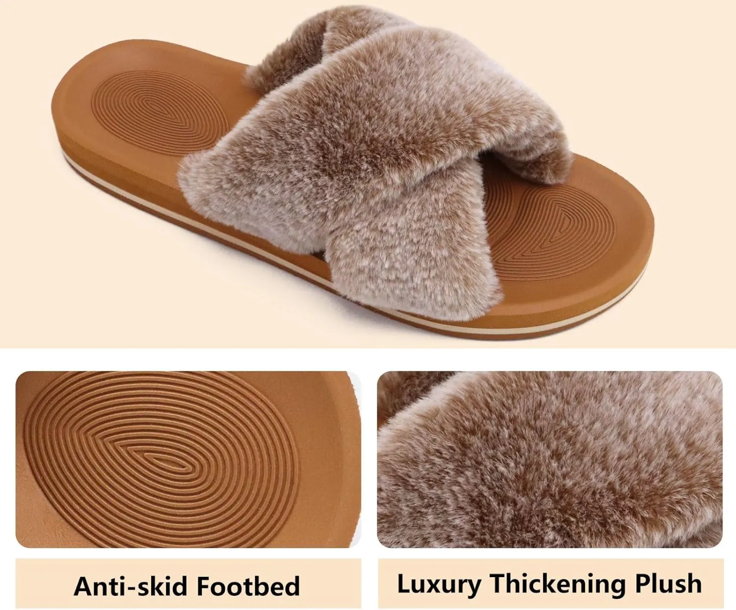 COFACE Womens Fuzzy Slides Fluff Faux Fur Cross Slippers Open Toe Yoga Mat House Slippers Sandals With Arch Support For Indoor/Outdoor