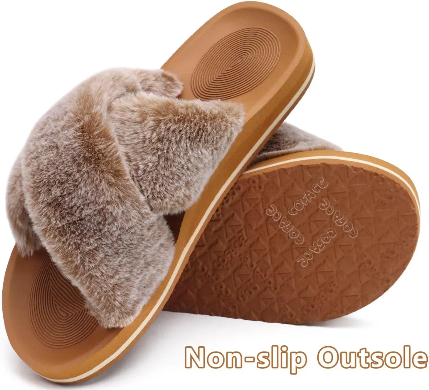 COFACE Womens Fuzzy Slides Fluff Faux Fur Cross Slippers Open Toe Yoga Mat House Slippers Sandals With Arch Support For Indoor/Outdoor