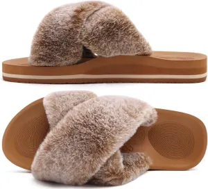COFACE Womens Fuzzy Slides Fluff Faux Fur Cross Slippers Open Toe Yoga Mat House Slippers Sandals With Arch Support For Indoor/Outdoor