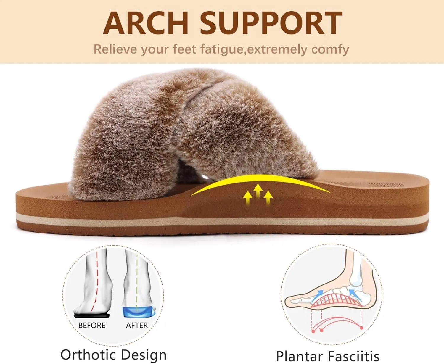 COFACE Womens Fuzzy Slides Fluff Faux Fur Cross Slippers Open Toe Yoga Mat House Slippers Sandals With Arch Support For Indoor/Outdoor