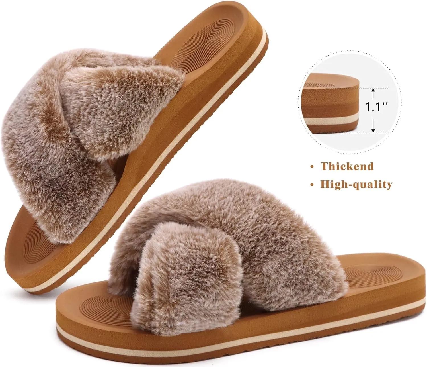 COFACE Womens Fuzzy Slides Fluff Faux Fur Cross Slippers Open Toe Yoga Mat House Slippers Sandals With Arch Support For Indoor/Outdoor