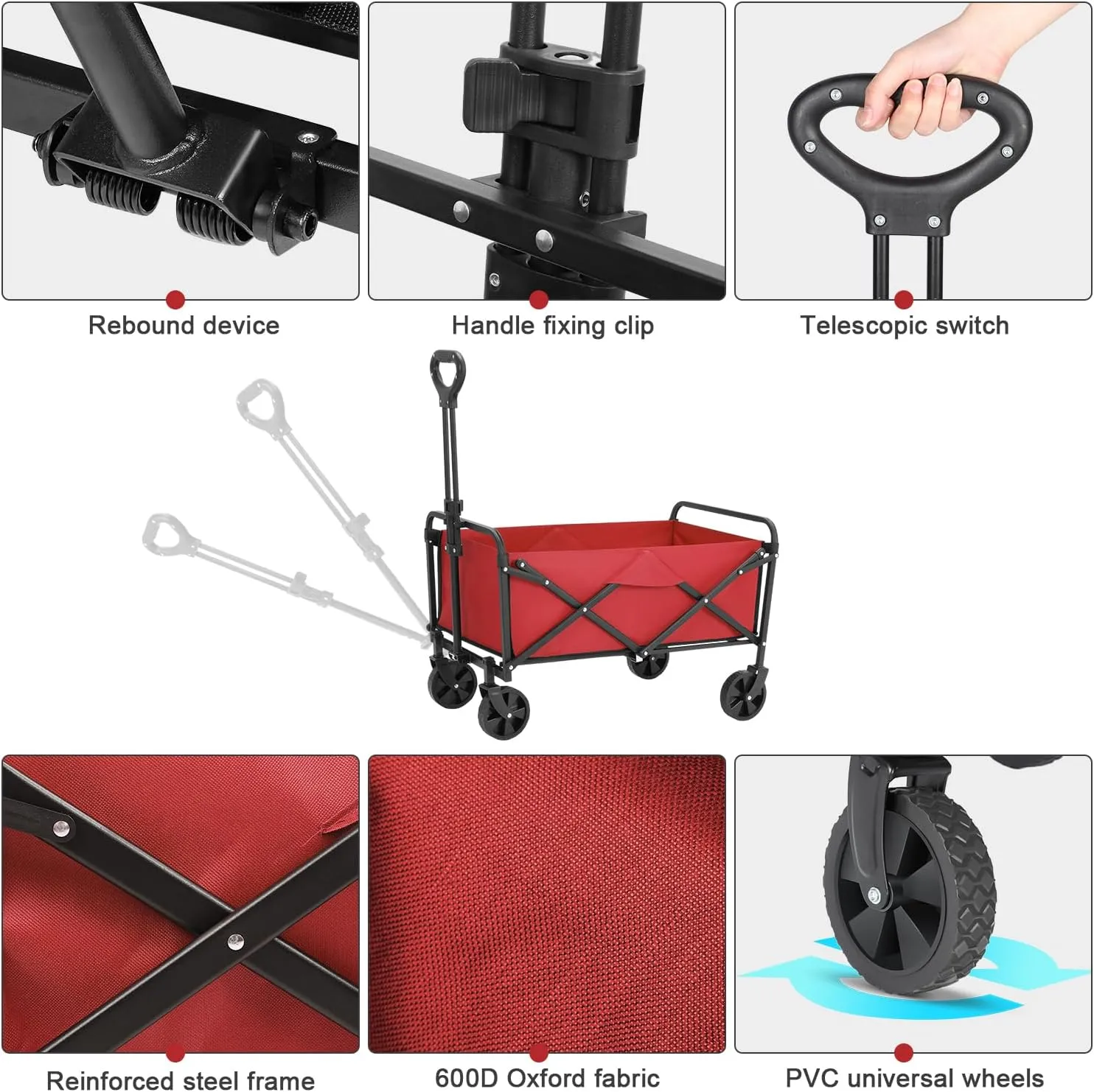 Collapsible Foldable Wagon,Wagons Carts Foldable with Wheels,Utility Grocery Folding Beach Wagon for Sand Garden Sports Shopping Outdoor(Rose Red).