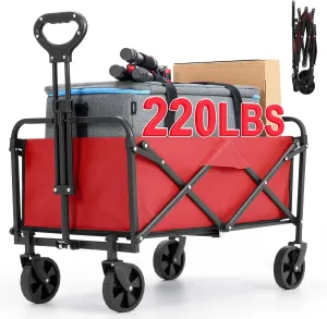 Collapsible Foldable Wagon,Wagons Carts Foldable with Wheels,Utility Grocery Folding Beach Wagon for Sand Garden Sports Shopping Outdoor(Rose Red).