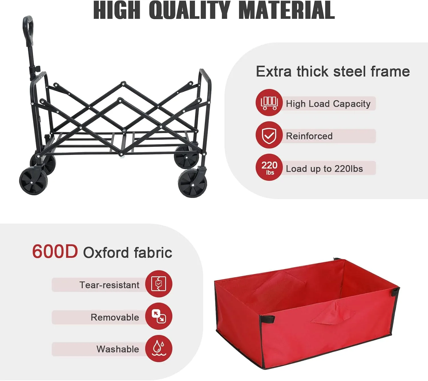 Collapsible Foldable Wagon,Wagons Carts Foldable with Wheels,Utility Grocery Folding Beach Wagon for Sand Garden Sports Shopping Outdoor(Rose Red).