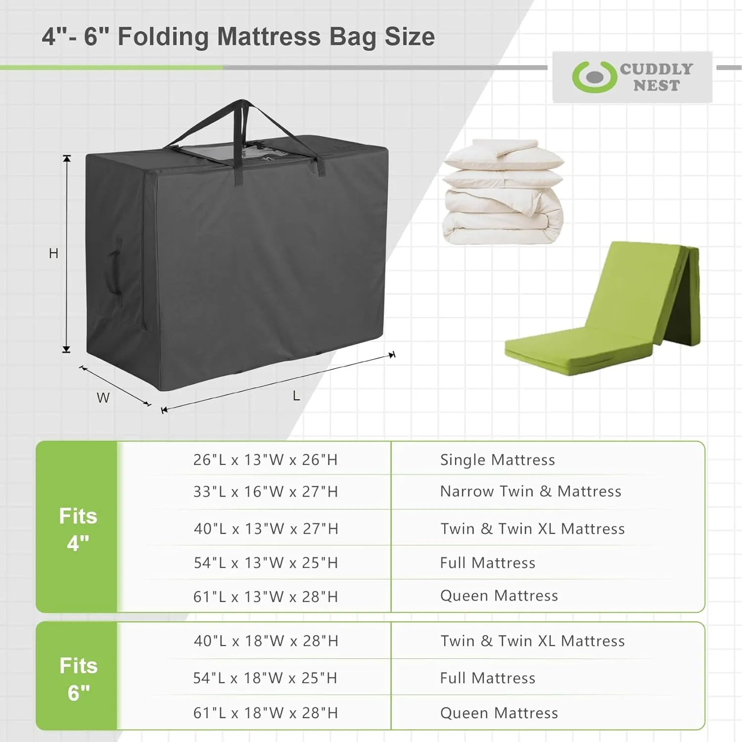 Cuddly Nest Folding Mattress Storage Bag - Heavy Duty Carry Case for Tri-Fold Guest Bed (Fits 6" Full Mattress,Black)