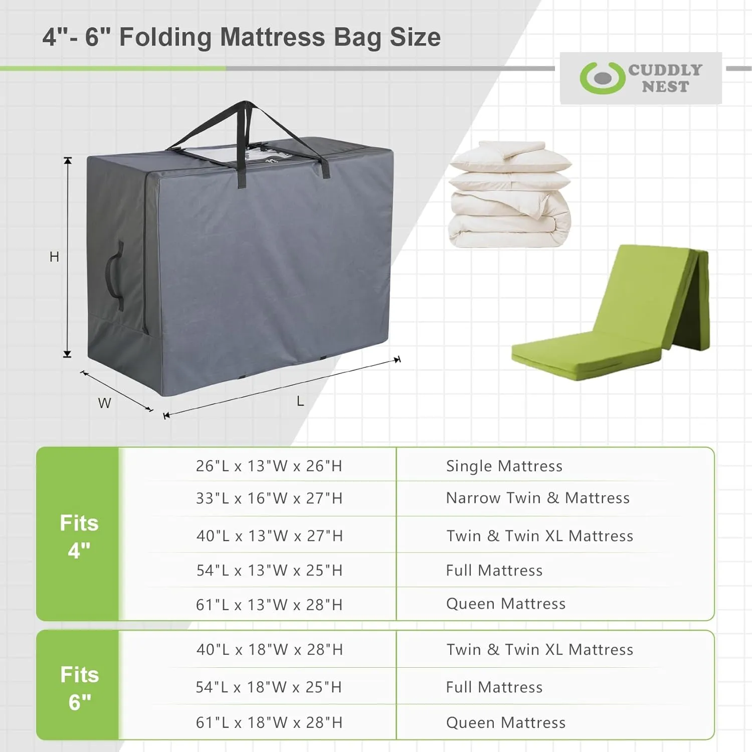 Cuddly Nest Folding Mattress Storage Bag - Heavy Duty Carry Case for Tri-Fold Guest Bed (Fits 6" Queen Mattress,Grey)
