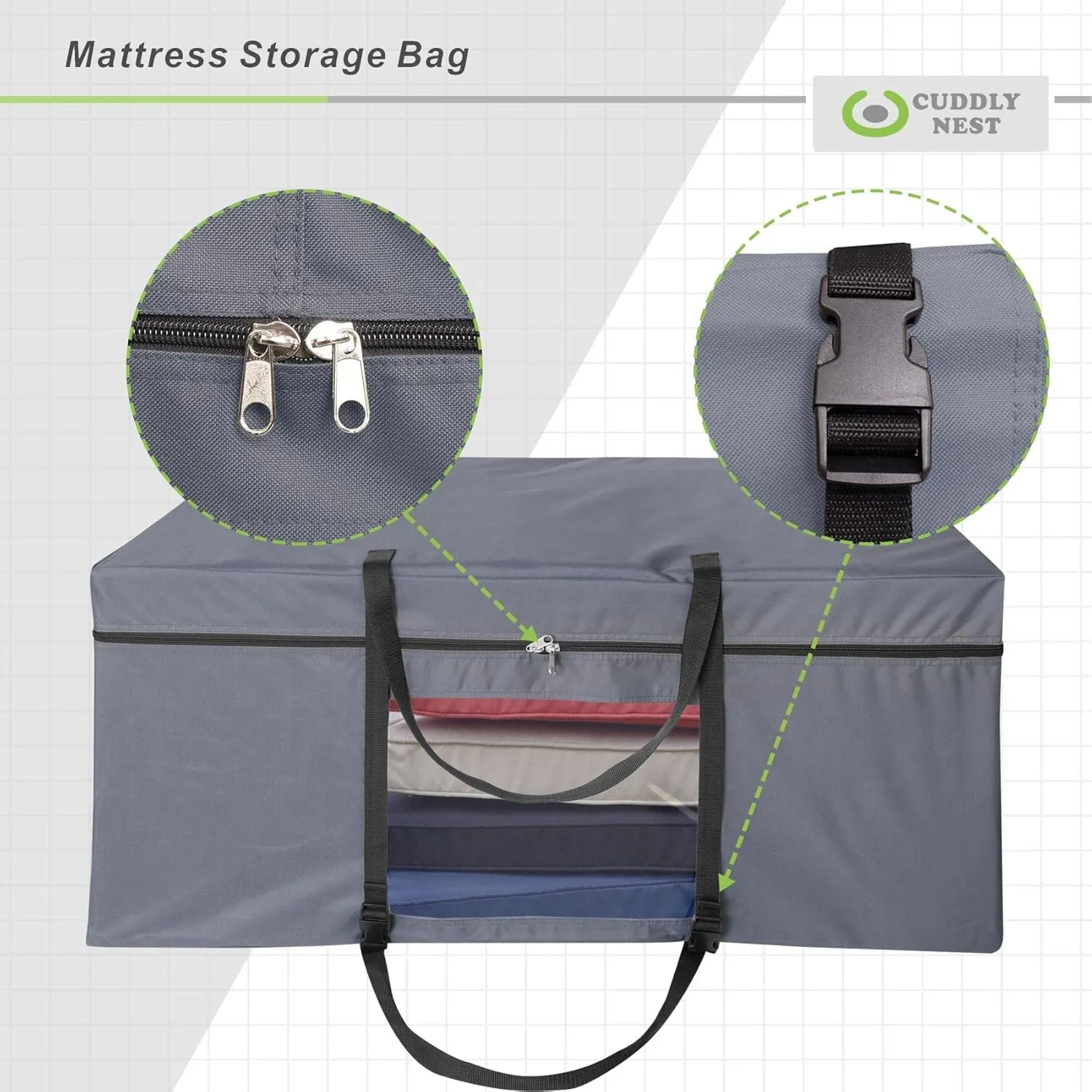 Cuddly Nest Folding Mattress Storage Bag - Heavy Duty Carry Case for Tri-Fold Guest Bed (Fits 6" Queen Mattress,Grey)