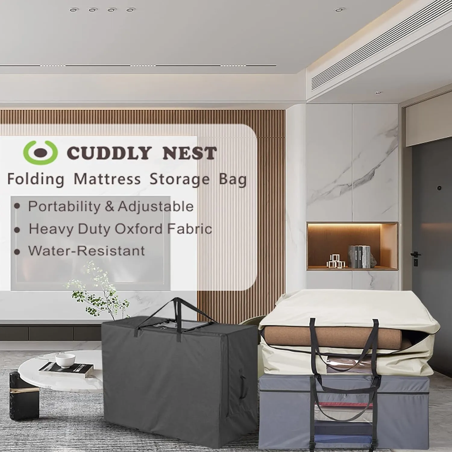 Cuddly Nest Folding Mattress Storage Bag - Heavy Duty Carry Case for Tri-Fold Guest Bed (Fits 6" Queen Mattress,Grey)