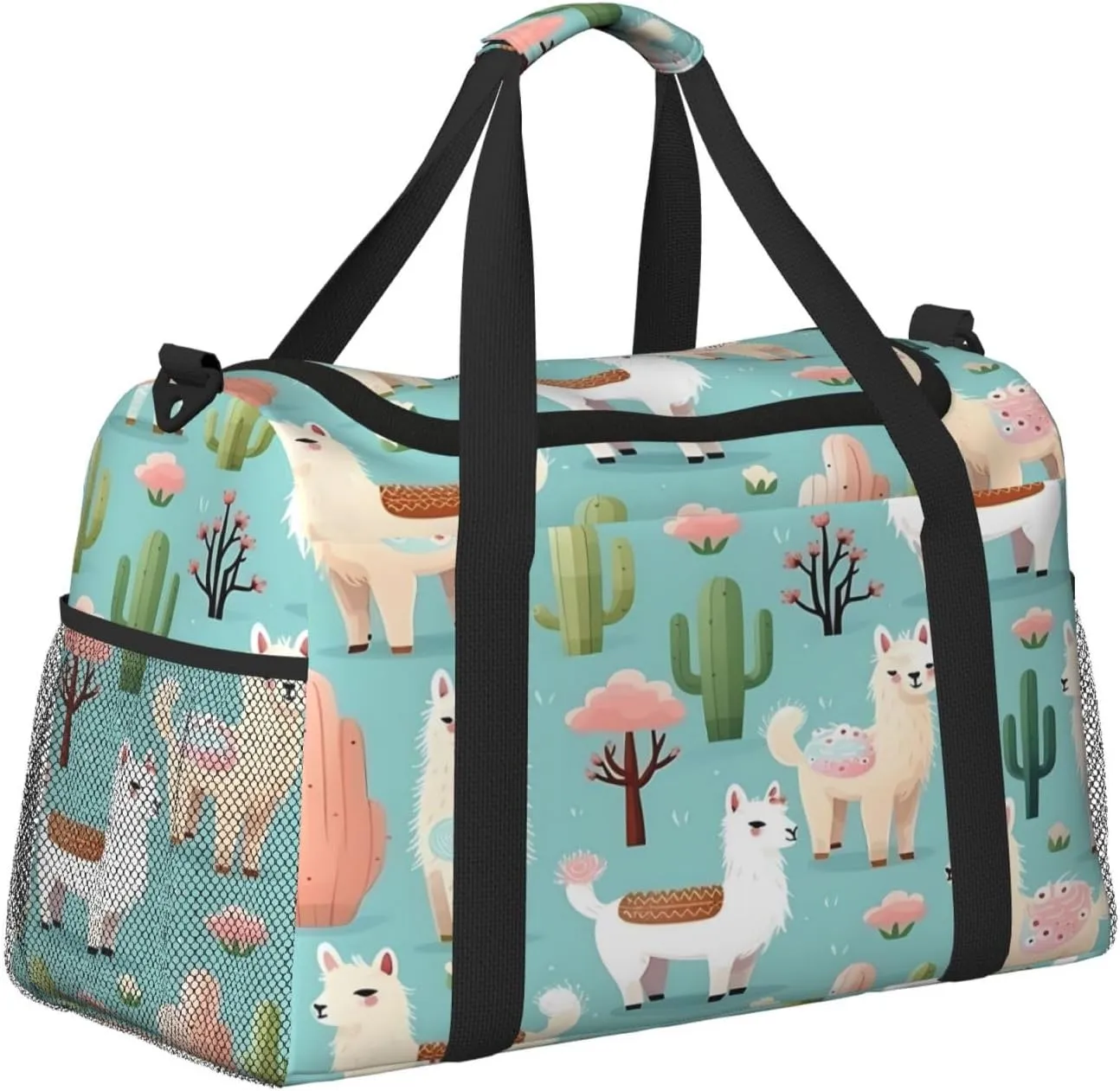 Cute Alpaca Llama Animal Cactus Travel Duffel Bag with Strap Multi Pockets Sports Bag Handbag Large Shoulder Bag for Gym Weekend Fitness Camping
