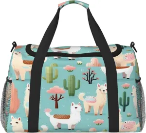Cute Alpaca Llama Animal Cactus Travel Duffel Bag with Strap Multi Pockets Sports Bag Handbag Large Shoulder Bag for Gym Weekend Fitness Camping