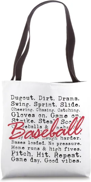 Dugout Dirt Drama Baseball Game Day Sports Quote Typography Tote Bag