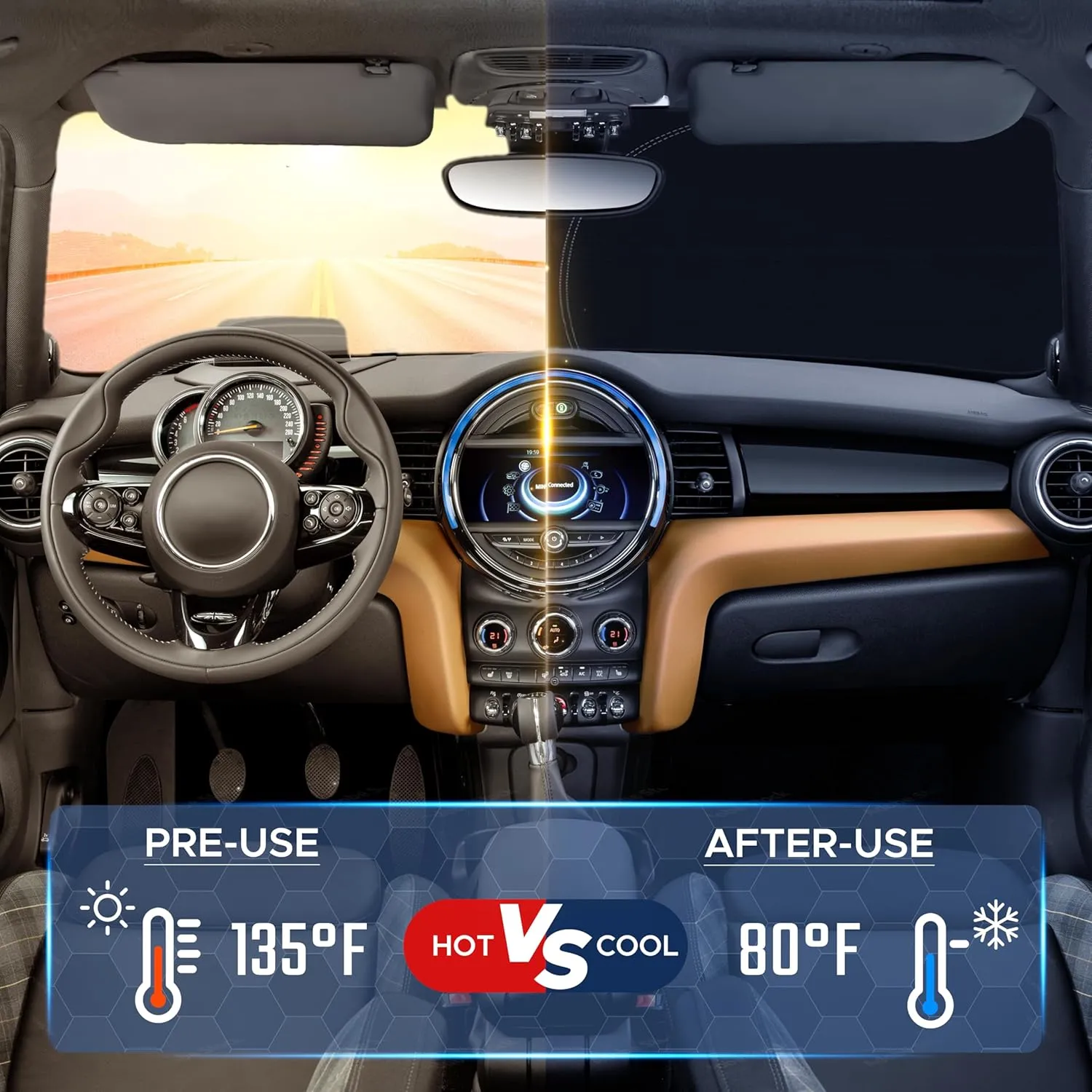 EcoNour Mini Cooper & Cooper S Hardtop 4-Door Front Windshield Sunshade Compatible with 2014-2024 2025-240T Polyester Foldable Window Shade - Blocks UV Rays & Keeps Your Car Cool