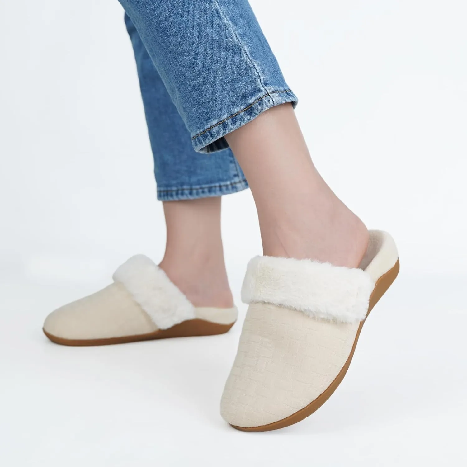 ERGOfoot Womens Orthopedic Fuzzy Slippers with Arch Support - Ideal for Plantar Fasciitis, Slip-On Bedroom House Shoes with Indoor/Outdoor Anti-Skid Rubber Sole