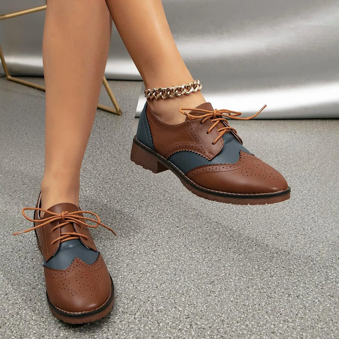 Fashion Women Oxford Shoes Block Heel Lace Up Derby Casual Brogue Shoes Brown Sneaker