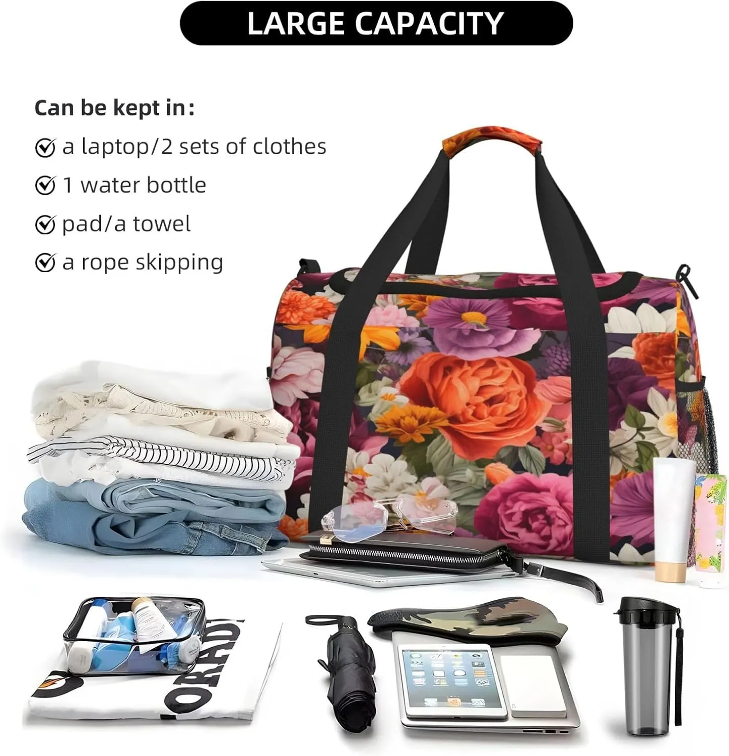 Flowers Floral Travel Duffel Bag with Strap Multi Pockets Sports Bag Handbag Large Shoulder Bag for Gym Weekend Fitness Camping