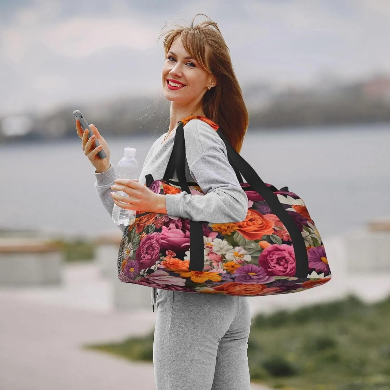 Flowers Floral Travel Duffel Bag with Strap Multi Pockets Sports Bag Handbag Large Shoulder Bag for Gym Weekend Fitness Camping