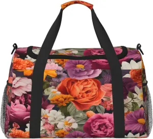 Flowers Floral Travel Duffel Bag with Strap Multi Pockets Sports Bag Handbag Large Shoulder Bag for Gym Weekend Fitness Camping