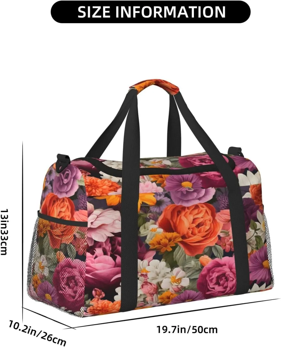 Flowers Floral Travel Duffel Bag with Strap Multi Pockets Sports Bag Handbag Large Shoulder Bag for Gym Weekend Fitness Camping