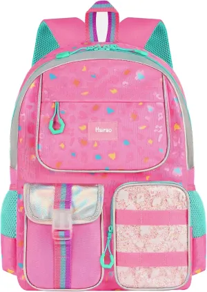 Girls School Backpack for Ages 6-12, Pink Leopard Print Bookbag with Adjustable Straps,Lightweight Waterproof Elementary Student Backpack for Daily Use and Travel