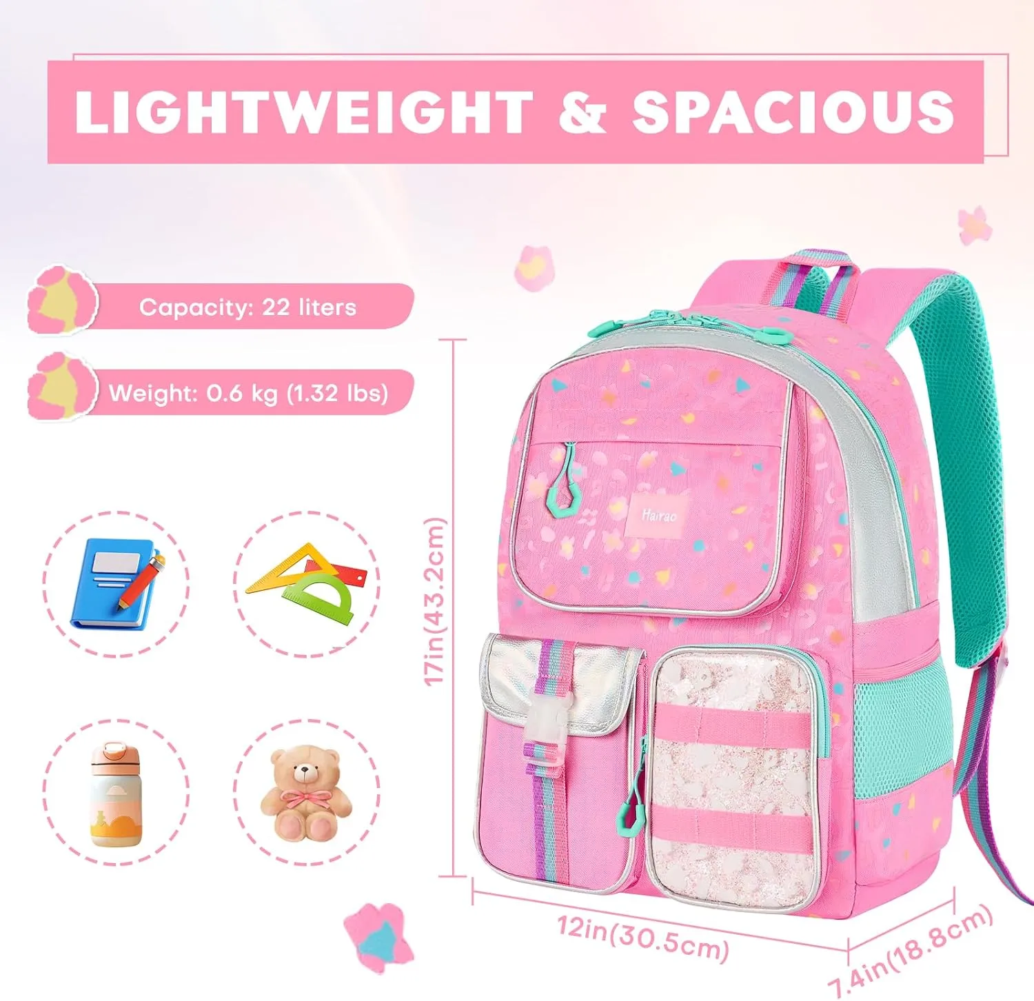 Girls School Backpack for Ages 6-12, Pink Leopard Print Bookbag with Adjustable Straps,Lightweight Waterproof Elementary Student Backpack for Daily Use and Travel