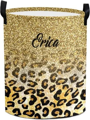 Golden Leopard Print Personalized Waterproof Foldable Laundry Basket Bag with Handle, Custom Collapsible Clothes Hamper Storage Bin for Toys Laundry Dorm Travel Bathroom