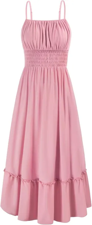 GRACE KARIN Womens 2025 Summer Dress Casual Sleeveless Spaghetti Strap Smocked Ruffle Beach Long Maxi Dress with Pockets
