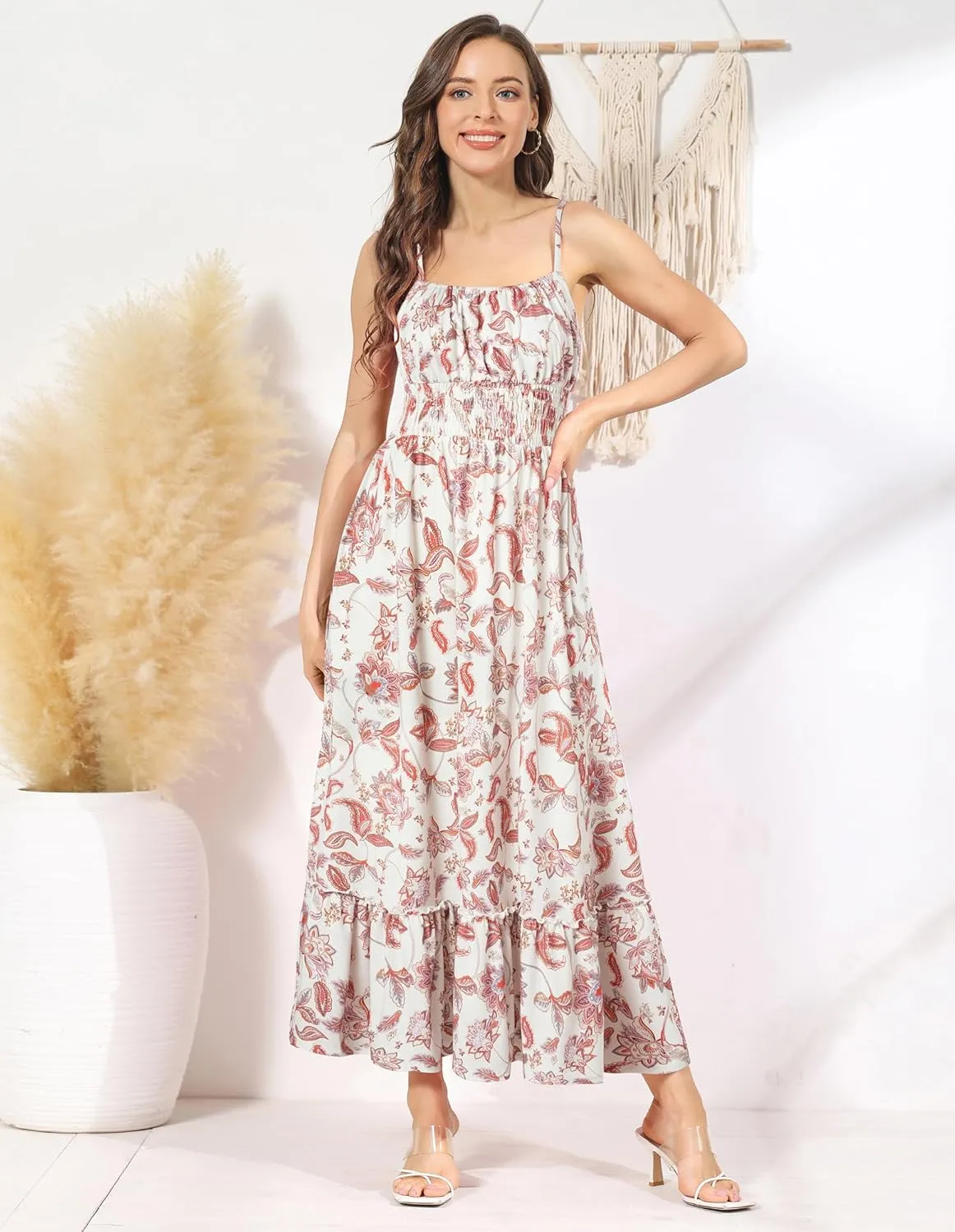 GRACE KARIN Womens 2025 Summer Maxi Dress Sleeveless Floral Spaghetti Strap Smocked Boho Beach Long Dress with Pockets