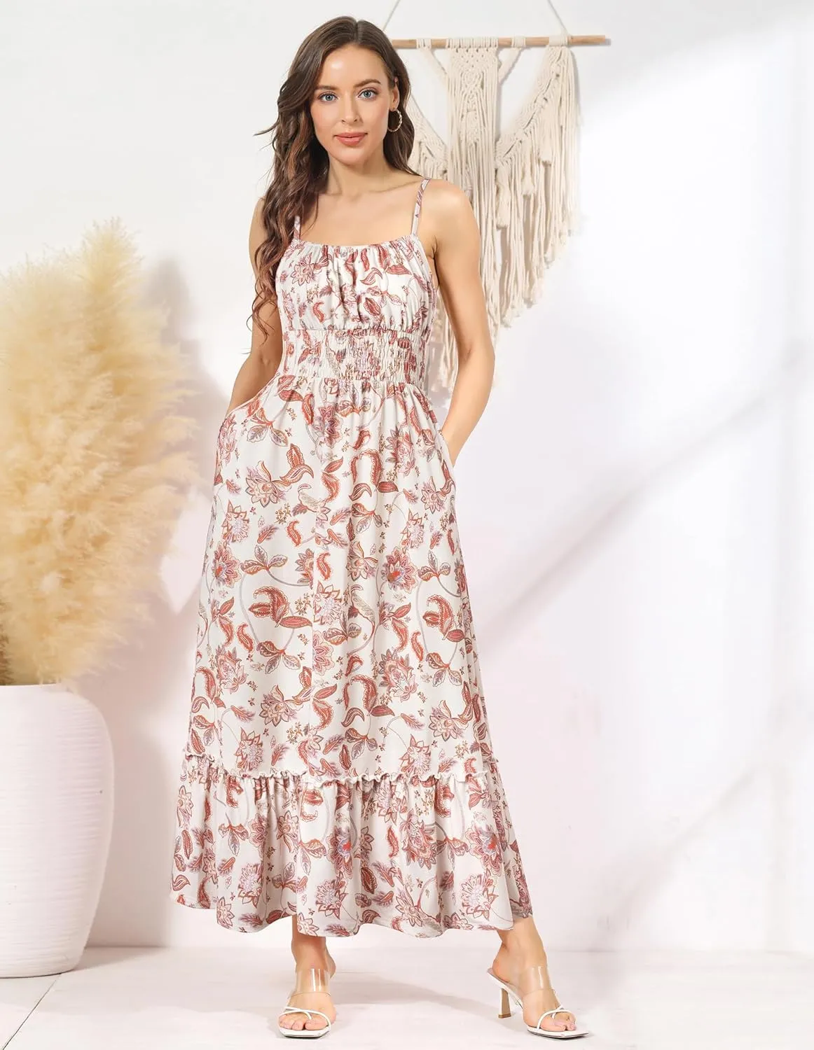 GRACE KARIN Womens 2025 Summer Maxi Dress Sleeveless Floral Spaghetti Strap Smocked Boho Beach Long Dress with Pockets