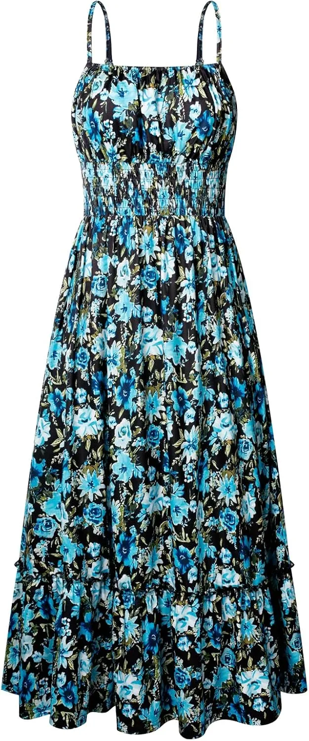 GRACE KARIN Womens 2025 Summer Maxi Dress Sleeveless Floral Spaghetti Strap Smocked Boho Beach Long Dress with Pockets