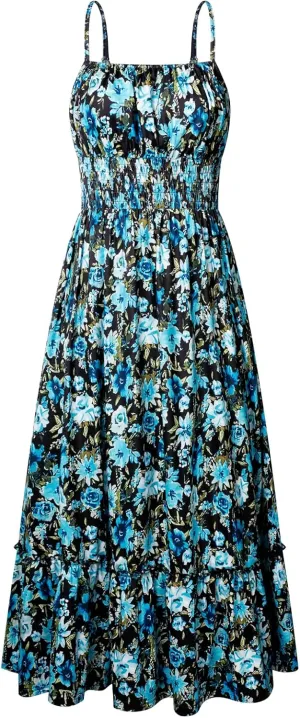 GRACE KARIN Womens 2025 Summer Maxi Dress Sleeveless Floral Spaghetti Strap Smocked Boho Beach Long Dress with Pockets