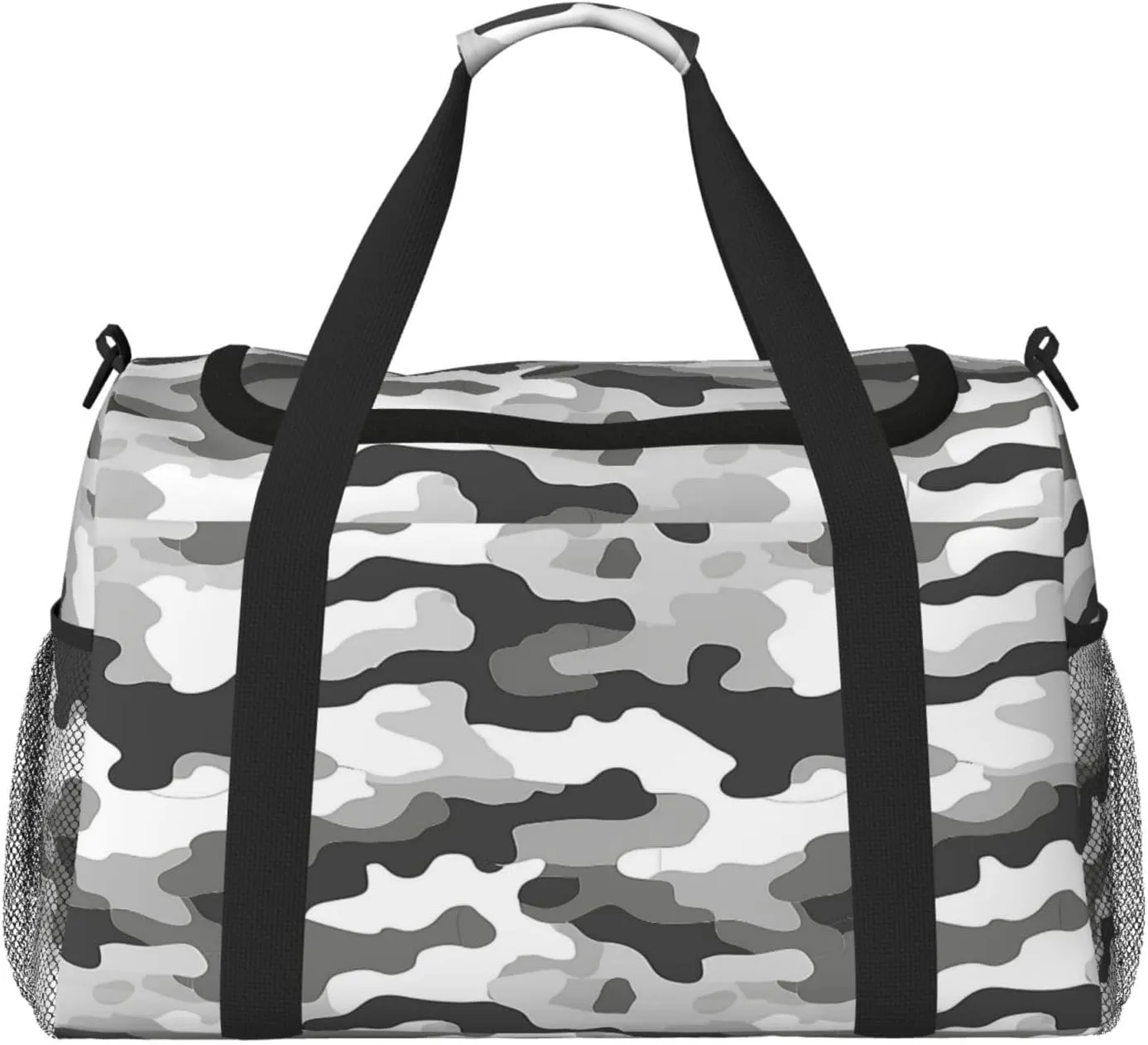 Gray White Camouflage Travel Duffel Bag with Strap Multi Pockets Sports Bag Handbag Large Shoulder Bag for Gym Weekend Fitness Camping