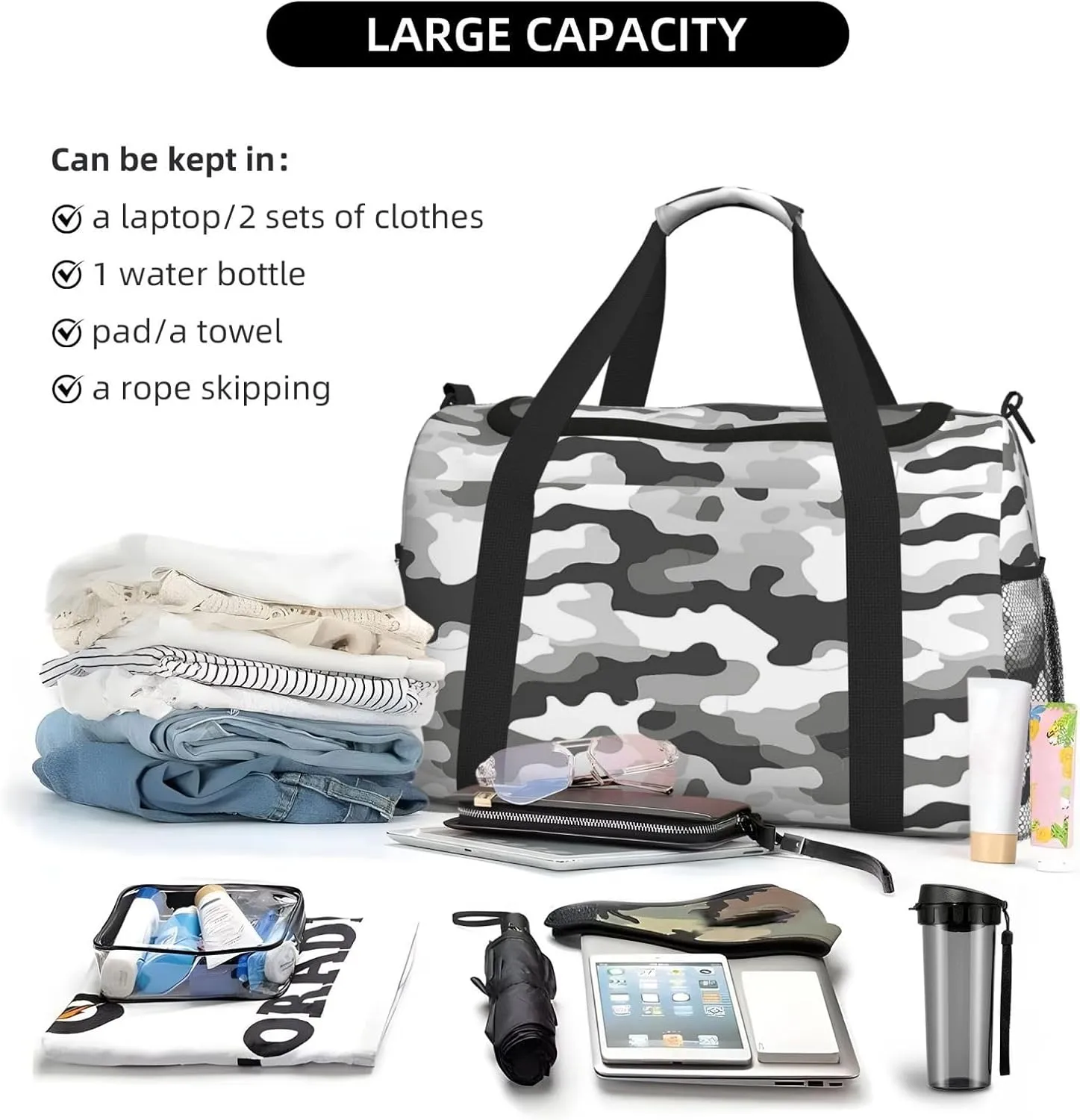 Gray White Camouflage Travel Duffel Bag with Strap Multi Pockets Sports Bag Handbag Large Shoulder Bag for Gym Weekend Fitness Camping